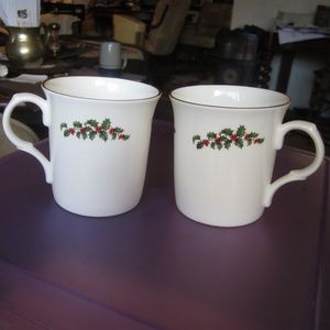 2 Staffordshire bone china mugs Vintage w/ holly